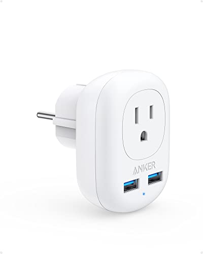 Anker European Travel, PowerExtend USB Plug International Power Adapter with 2 USB Ports and 1 Outlet, US to Most of Europe EU Spain Iceland Italy France Germany, Compact for Travel, Office