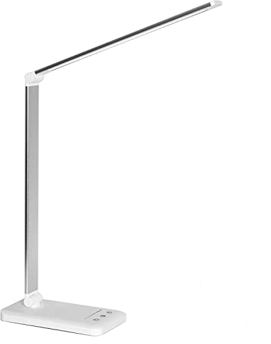 White crown LED Desk/Table Lamp Dimmable Reading Lamp with USB Charging Port, 5 Lighting Modes, Sensitive Control, 30/60 Minutes Auto-Off Timer, Eye-Caring Office Lamp (Silver)