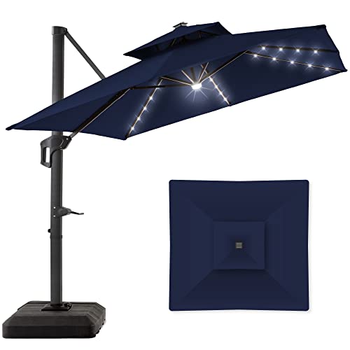 Best Choice Products 10x10ft 2-Tier Square Cantilever Patio Umbrella with Solar LED Lights, Offset Hanging Outdoor Sun Shade for Backyard w/Included Fillable Base, 360 Rotation - Navy Blue