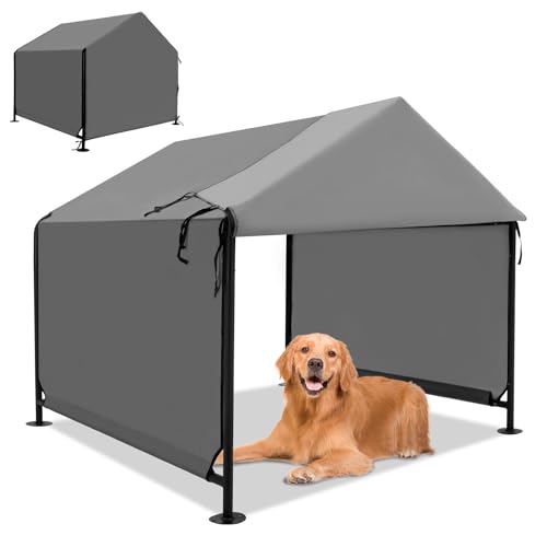 YOUGYM Dog Shade Shelter 4'x4'x3.6' for Large Dogs, Pet Outdoor Tent with Upgraded Doors, Outside Sun Rain Canopy Pet House for Dogs, Cats, Small Animals and Livestock, Grey