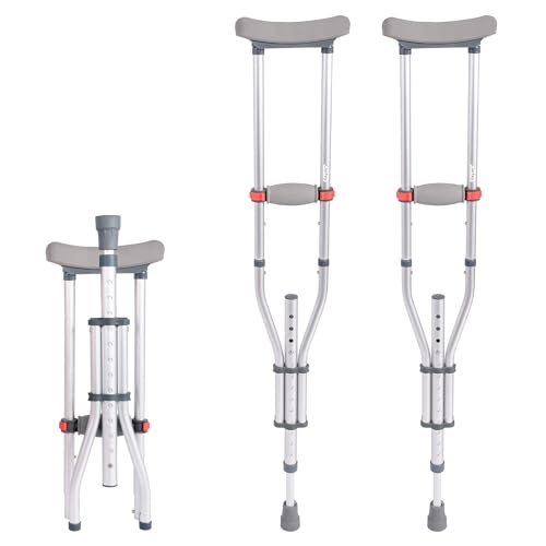 1 Pair Folding Aluminum Underarm Crutches for Adults and Teenager, 8 Adjustable Height for 4'7' to 6'7', 300 LBS Capacity Lightweight Adjustable Crutches with Underarm Pads, Great for Travel or Work