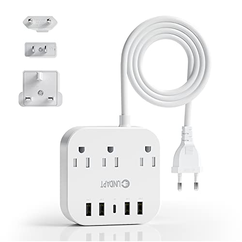 European Plug Adapter, Unidapt US to UK Europe Power Strip for EU/UK/US with USB C and 4 USB Ports, 3 AC Outlets, Wall Mountable, 5ft Extension Cord, for Travel Cruise Ship Home