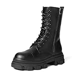 DREAM PAIRS Women’s DMB215 Combat Boots Lace up Mid Calf Boots Low Heel Chunky Platform Riding Boots Winter Boots, Black PU, Size 8