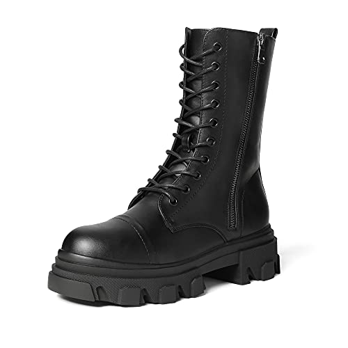 DREAM PAIRS Women?s DMB215 Combat Boots Lace up Mid Calf Boots Low Heel Chunky Platform Riding Boots Winter Boots, Black PU, Size 8