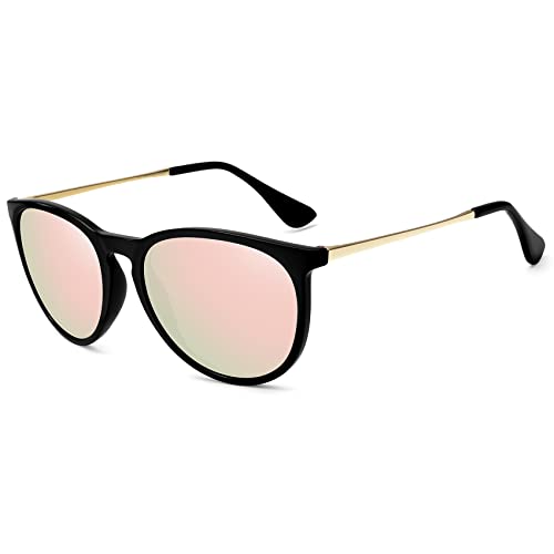 WOWSUN Polarized Sunglasses for Women Vintage Round Mirrored Lens (Black frame pink mirrored lens)