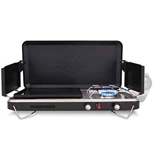 Hike Crew 2-in-1 Gas Camping Stove | Portable Propane Grill/Stove Burner w/ Integrated Igniter & Stainless Steel Drip Tray | Built-in Carrying Handle, Foldable Legs & Wind Panels | Includes Regulator