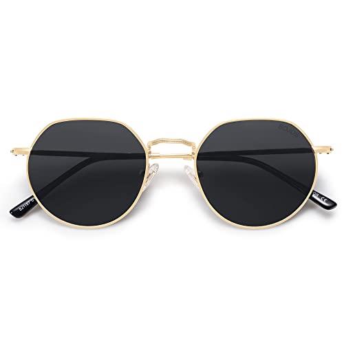 SOJOS Round Polygon Polarized Sunglasses for Women Men Retro Classic Vintage Shades SJ1157 Black Lens