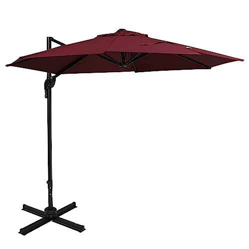 Outsunny 10ft Offset Patio Umbrella with Base, Hanging Aluminum and Steel Cantilever Umbrella with 360° Rotation, Easy Tilt, 8 Ribs, Crank, Cross Base Included for Backyard, Poolside, Garden, Red