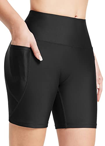 BALEAF Women's 6' High Waisted Swim Shorts UPF 50+ Board Shorts Tummy Control Bathing Bottoms Modest Tankini Swimsuits Black M