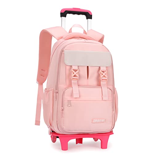 Solid-Color Rolling Backpack for Girls, Trolley Wheel School Bag, Pink Wheeled Bookbag on 2 Wheels