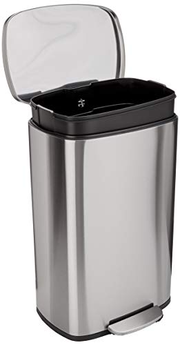 Amazon Basics Smudge Resistant Rectangular Trash Can With Soft-Close Foot Pedal, Brushed Stainless Steel, 50 Liter/13.2 Gallon, Satin Nickel Finish, 16.7'L x 14.7'W x 25.9'H