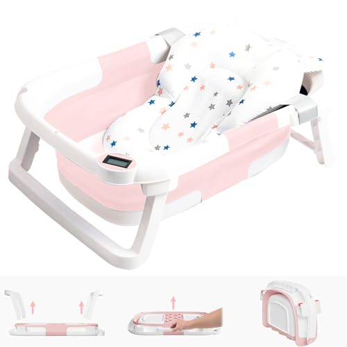 NAPEI Collapsible Baby Bathtub,Baby Bath Tub with Soft Cushion & Thermometer,Baby Bathtub Newborn to Toddler 0-36 Months,Portable Travel Baby Tub,Pink