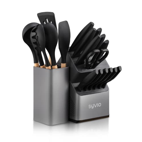 syvio Knife Sets for Kitchen with Block and 6 PCS Kitchen Utensils Set, Knives Set for Kitchen 15 Pieces with Built-in Sharpener, Utensils Holder for Storing Kitchen Tools, 21-in-1 Kitchen Set