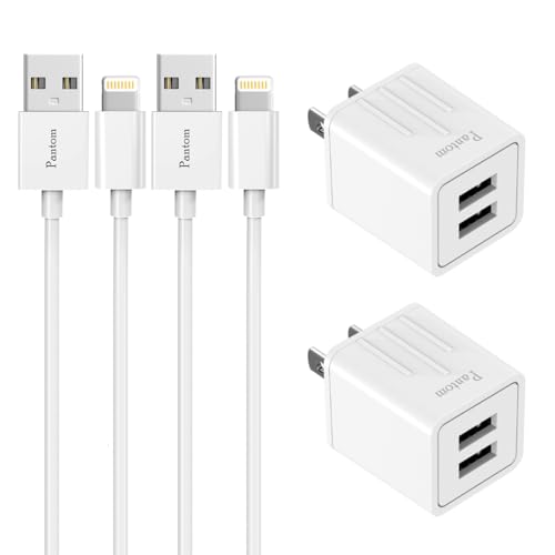Pantom 2-Pack Wall Charger Plugs with 2-Pack 5-Feet Cables Charge Sync Compatible with iPhone 12/12 Pro/12 Mini/11/11 ProXr/Xs/Xs Max/8/8 Plus/7/7 Plus/6s/6s Plus/5se/5c/5 and iPads (White)