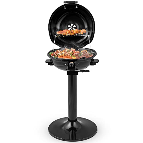 HAPPYGRILL 1600W Electric Grill, Outdoor BBQ Grill with Warming Rack for 15-Serving Barbecue Grill Portable Stand BBQ Grill
