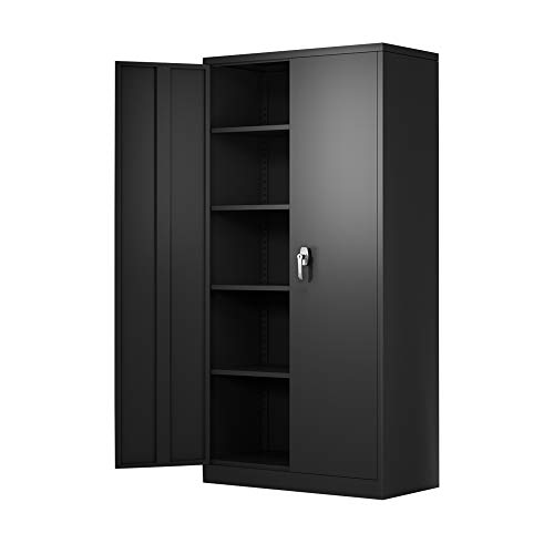 Metal Garage Storage Cabinet - 72' Locking Metal Storage Cabinet with 2 Doors and Adjustable Shelves & Locking Doors - Garage Cabinets for Tool Storage - Black