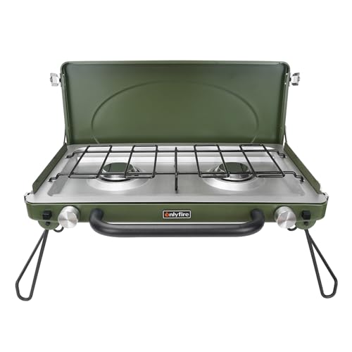 ONLYFIRE Portable Camping stove 2-Burner Camping Stove with Foldable Legs, Camping Grill Stove with Adjustable Burners, Heavy-Duty Latch & Handle for Camping, Tailgating, RV, BBQ, Green