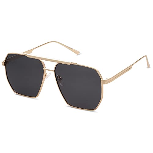 SOJOS Retro Oversized Square Polarized Sunglasses for Women Men Vintage Shades UV400 Classic Large Metal Sun Glasses SJ1161 with Gold/Grey Lens