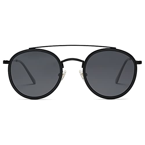 SOJOS Retro Round Double Bridge Polarized Sunglasses for Women Men Twin Beams Circular UV400 Sunnies SJ1104, Dark Black/Grey