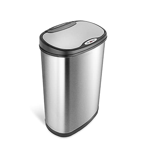 NINESTARS DZT-50-13 Automatic Touchless Motion Sensor Oval Trash Can with Black Top, 13 gallon/50 L, Stainless Steel