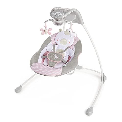 Ingenuity InLighten 6-Speed Baby Swing - Easy-Fold Frame, Swivel Infant Seat, Nature Sounds, Light Up Mobile - Flora the Unicorn (Pink)