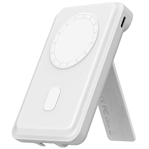 iWALK MAG-X Magnetic Wireless Power Bank with Stand, 5000mAh Portable Charger with USB-C Port & LED Display, Ergonomic Grip Design Battery Pack Compatible with iPhone 14/13/12 Series,White