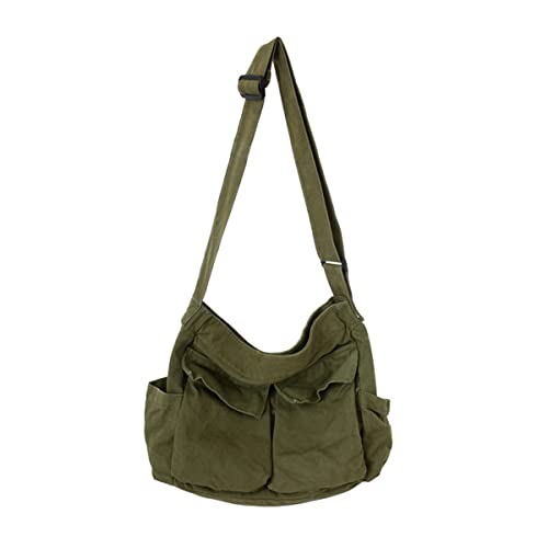 GAXOS Aesthetic Cute Messenger Bag for School Vintage Green Canvas Crossbody for Women Shoulder Laptop Bag