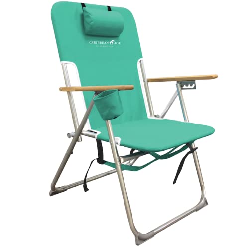 Caribbean Joe Folding Beach Chair, 4 Position Portable Backpack Foldable Camping Chair with Headrest, Cup Holder, and Wooden Armrests, Teal