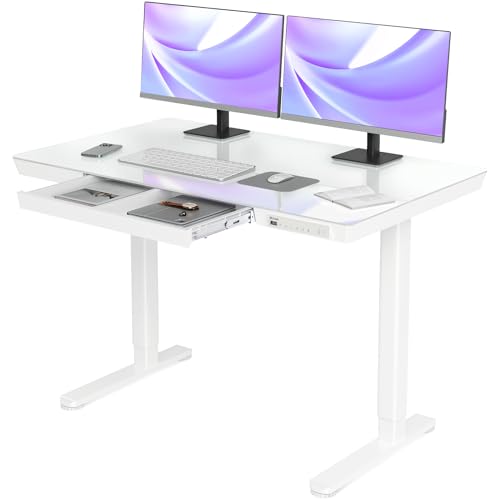 Claiks Glass Standing Desk with Drawers, 48×24 Inch Adjustable Stand Up Desk, Quick Install Home Office Computer Desk with USB Ports, White