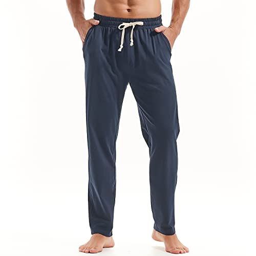 AMY COULEE Mens Cotton Yoga Pants Running Workout Lightweight Sweatpants Open Bottom Lounge Pants with Pockets (L, Navy)