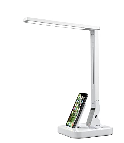 Fugetek LED Desk Table Lamp, 14W, 530 Lumens, Wireless Charger & USB Charging Port, Dimmable Eye-Caring, 5 Brightness & 4 Light Modes, Adjustable Arms, Touch Control, Auto Sleep Timer (White)