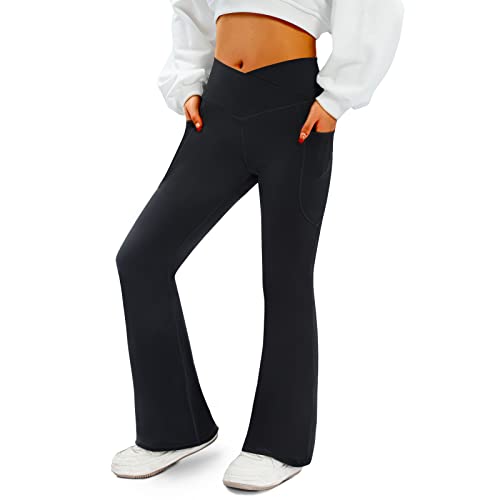 COPYLEAF Women's Flare Yogo Pants with Pockets-V Crossover High Waisted Bootcut Yoga Leggings-Flare Bell Bottom Workout Gym Leggings Black