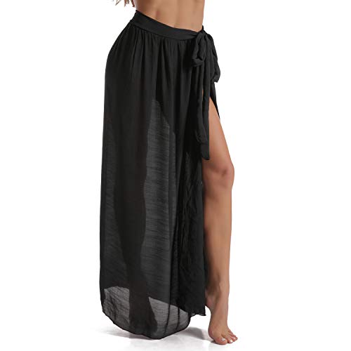 Eicolorte Womens Sarongs for The Beach Bathing Suit Swim Cover Up Tie Maxi Long Wrap Skirt (Black-US 4-12)