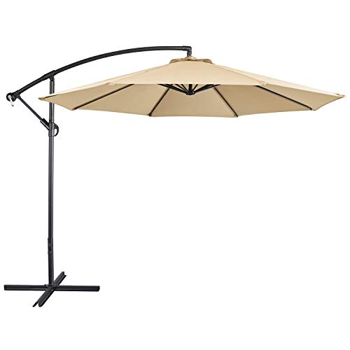 Yaheetech 10FT Patio Offset Umbrella - Cantilever Hanging Outdoor Umbrellas w/UV Protection & 8 Ribs & Handy Crank & Cross Base for Market/Garden/Lawn/Deck/Backyard/Pool - Tan