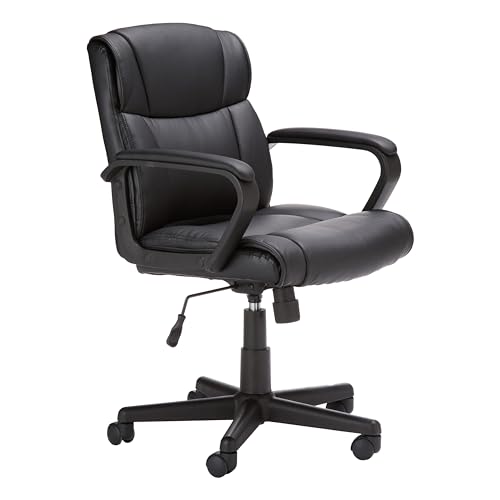 Amazon Basics Office Computer Task Desk Chair with Padded Armrests, Mid-Back, Adjustable, 360 Swivel, Rolling, 275 Pound Capacity, BIFMA Certified, 24.2'D x 24'W x 34.8'H, Black Faux Leather