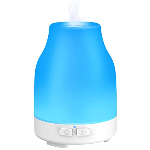 Dukya Essential Oil Diffuser, 110ml Colorful Aromatherapy Diffuser with 8 Colors Lights, Adjustable Mist Mode, Waterless Auto Off for Home Office Room, Basic White