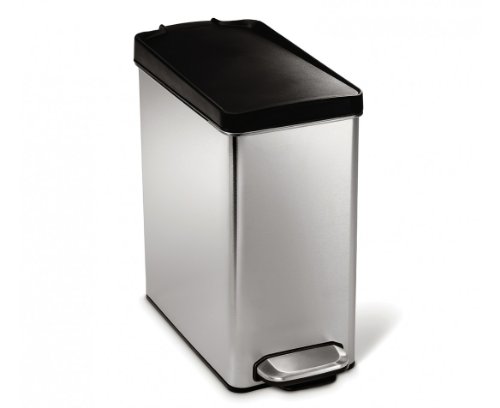 simplehuman 10 Liter / 2.6 Gallon Bathroom Slim Profile Trash Can, Brushed Stainless Steel with Plastic Lid