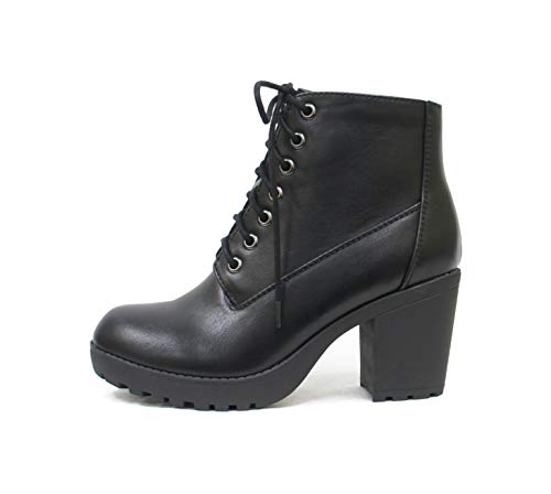 Soda Second Lug Sole Chunky Heel Combat Ankle Boot Lace up w/Side Zipper (8.5, Black PU)