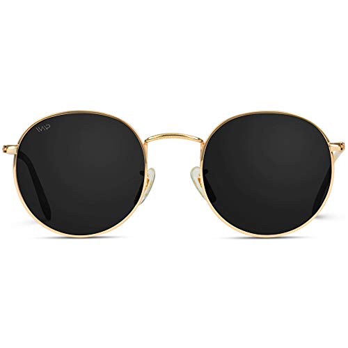 WearMe Pro - Reflective Lens Round Trendy Sunglasses ( Gold Frame / Black Lens, 51)