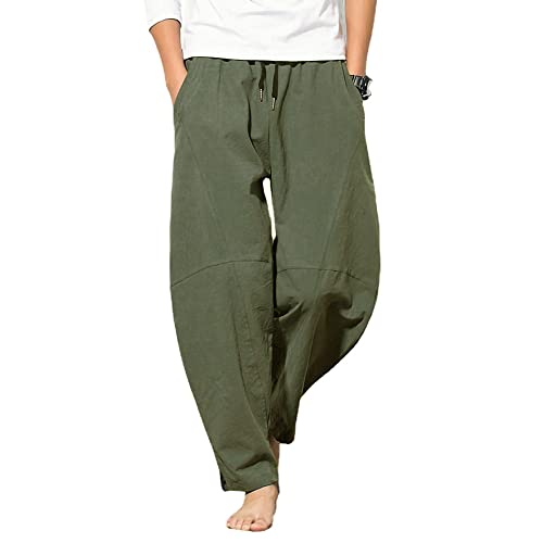 WZIKAI Mens Cotton Linen Pants,Elastic Waist Loose Fit Drawstring Summer Beach Pants for Men Jogger Yoga Trousers (Olive, Large)