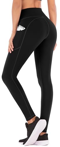 IUGA High Waist Yoga Pants with Pockets, Leggings for Women Tummy Control, Workout Leggings for Women 4 Way Stretch Black