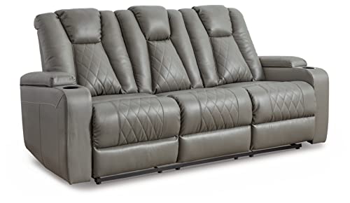 Signature Design by Ashley Mancin Contemporary Faux Leather Tufted Reclining Sofa with Drop Down Table, Light Gray