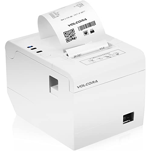 Volcora Thermal Receipt Printer, 80mm USB/Ethernet POS QR Code Printer w/Auto Cutter for Cash Drawer/ESC/POS, Compatible w/Android/Windows/iOS, Retailer and Restaurant Kitchen Use, Wall Mount, White