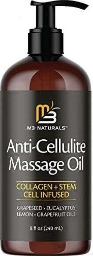 Anti Cellulite Massage Oil Infused with Collagen and Stem Cell - Skin Tightening Cellulite Cream Moisturizing Body Oil Skincare for Thighs Belly Legs - Body Massage Oil for Sore Muscles by M3 Naturals