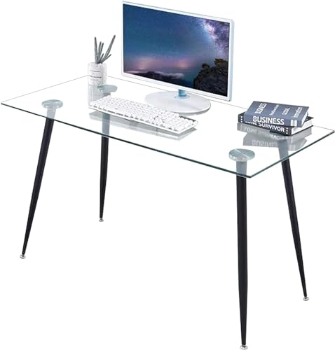 NIERN Glass Computer Desk, 47 inch Modern Rectangular Home Office Desk Writing Desk with Chromed Legs for Home Office (Black)