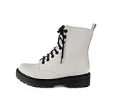 SODA FIRM - Lug Sole Combat Ankle Bootie Lace up w/Side Zipper (White, numeric_8)