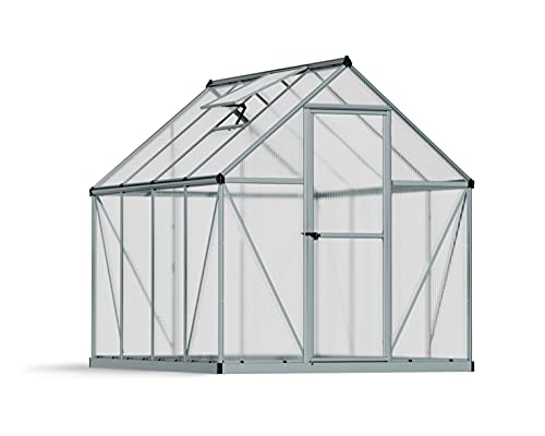 Palram Canopia Greenhouse Kit 6' x 8' Hobby Walk-In Polycarbonate twin-wall Heavy Duty Aluminum Frame Lockable Door and Vent Mythos (Silver)