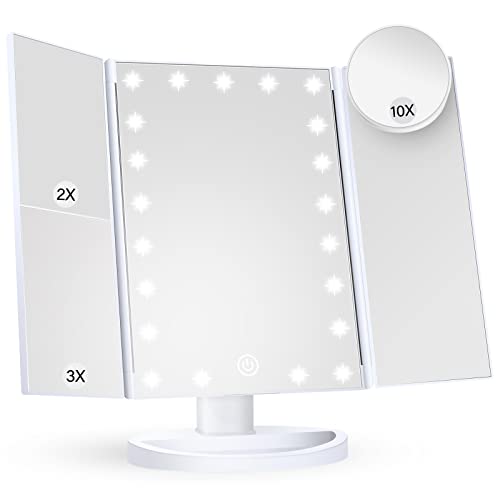 HUONUL Makeup Mirror Vanity Mirror with Lights, 2X 3X 10X Magnification, Lighted Makeup Mirror, Touch Control, Trifold Makeup Mirror, Dual Power Supply, Portable LED Makeup Mirror, Women Gift (White)