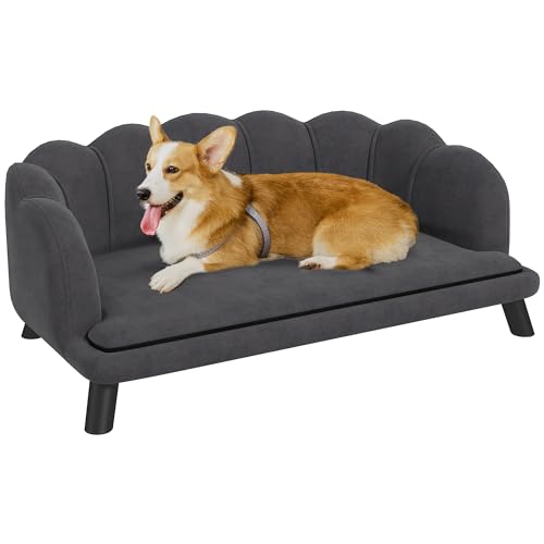 PawHut Velvet Large Dog Couch with Foam Cushioning, Soft and Cute Dog Bed with Pearl Design, Dog Sofa for Big and Medium Dogs, Charcoal Grey