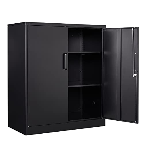 Yizosh Metal Garage Storage Cabinet with 2 Doors and 2 Adjustable Shelves - 35.5' Steel Lockable File Cabinet,Locking Counter Cabinet for Home Office,Garage,Gym,School（Black） (Black)